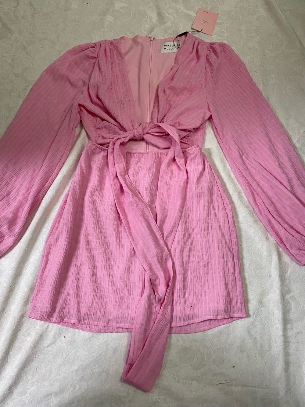 Baby Pink Tie-Front Mini Dress Deep-V neck Cut-out Waist long sleeve